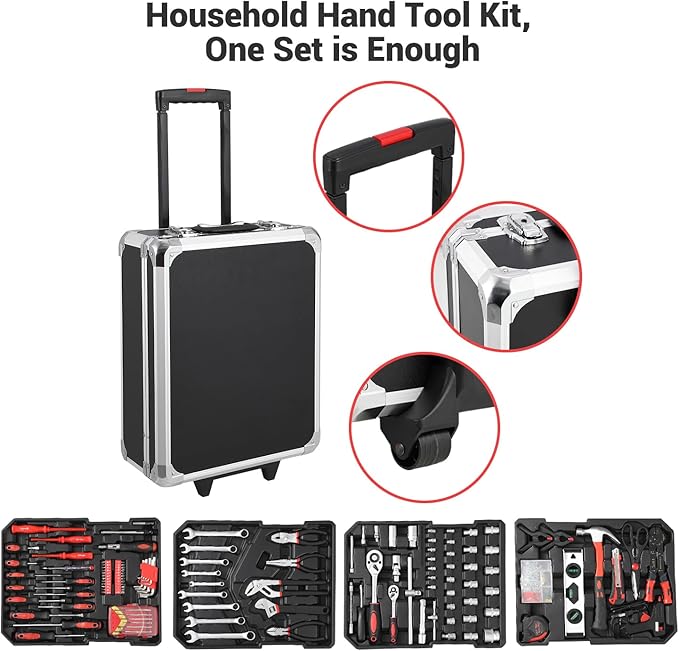 800-Piece Mechanics Tool Set with Rolling Aluminum Case, Complete Socket & Wrench Kit with Hand Tools, Portable Garage Tool Box for Auto Repair, Home Maintenance, DIY Projects & Garden Work