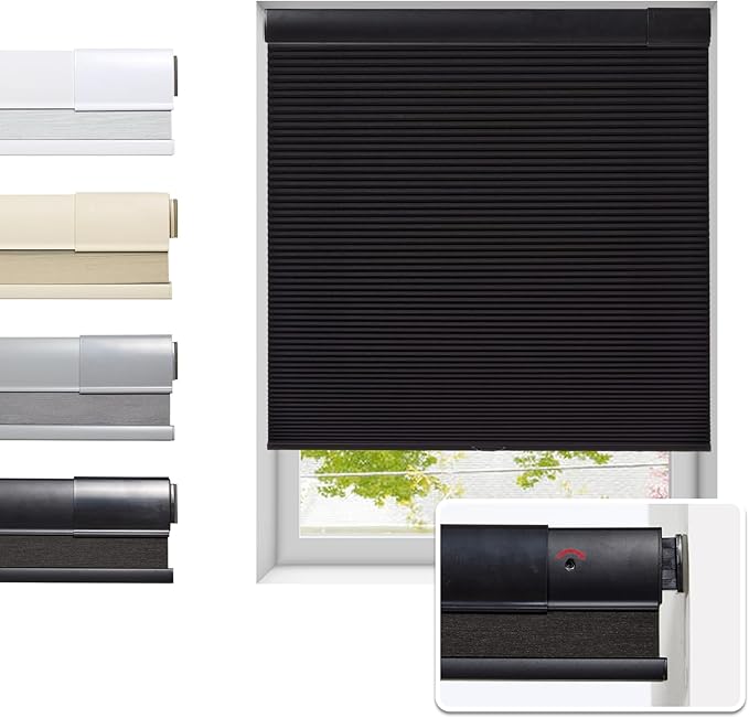 Tonature No Drill Cellular Shades for Indoor Windows, Thermal Insulating & Noise Reducing Honeycomb Blinds, Free Stop Cordless Blackout Shades, Black,52" W x 64" H