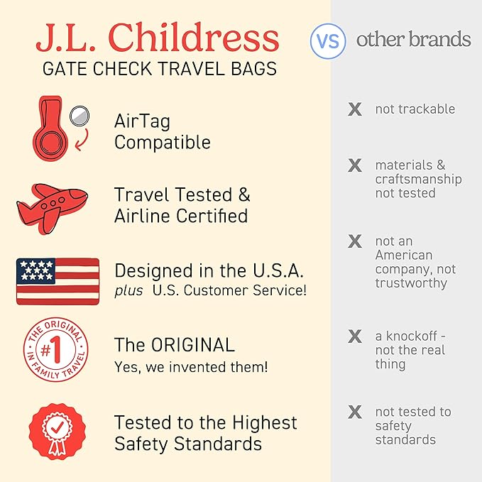 J.L. Childress Gate Check Travel Bag for Car Seats - Car Seat Travel Bag for Airplane, Fits All Baby & Infant Carriers, Airport Accessories for Gate Check, Flying Essentials, AirTag Compatible - Red