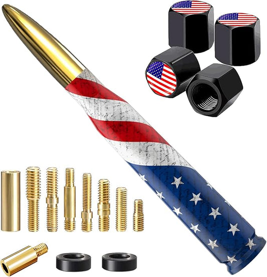 American Flag Car Truck Bullet Antenna with Valve Stem Caps, Universal Antenna Mast for GM Chevy Silverado 1500 2500 3500 HD Avalanche Ford F150 F250 F350 Heavy Duty Pickup Jeep Accessories (Gold)