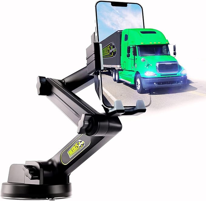 Cell Phone Mount for Truck Phone Holder for Truck Drivers - Heavy Duty Suction Cup, iPhone Holder for Dashboard Window 16.9 inch Long, for iPhone & Samsung, Semi Trucker, Gray