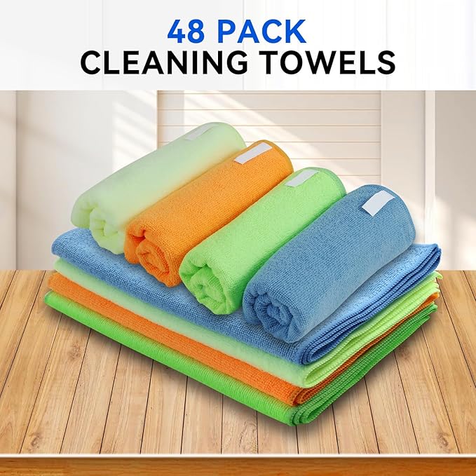 Auto Dynasty Universal 16" L X 12" W - 48 Pieces Ultra Soft Microfiber Cleaning Cloth Dusting Towel for Car Washing Automotive Garage Home Office Furniture Bath Windows (Yellow Orange Blue Green)