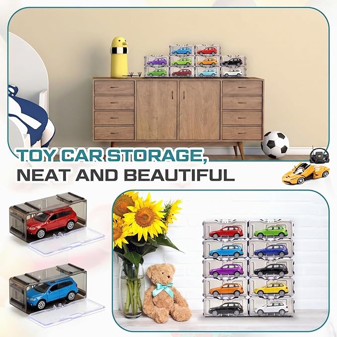 Marsui 144 Pcs 1/64 Scale Toy Cars Organizer Storage Case Clear Individual Toy Car Display Case1.4 x 1.4 x 3.5 Inches (Black Gray)