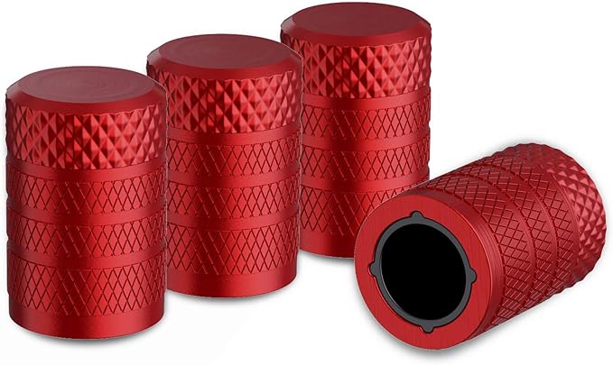 CKAuto Tire Valve Stem Caps, Red, 4 pcs/Pack, Anodized Aluminum Tire Valve Cap Set, Corrosion Resistant, Universal Stem Covers for Cars Trucks Motorcycles SUVs and Bikes