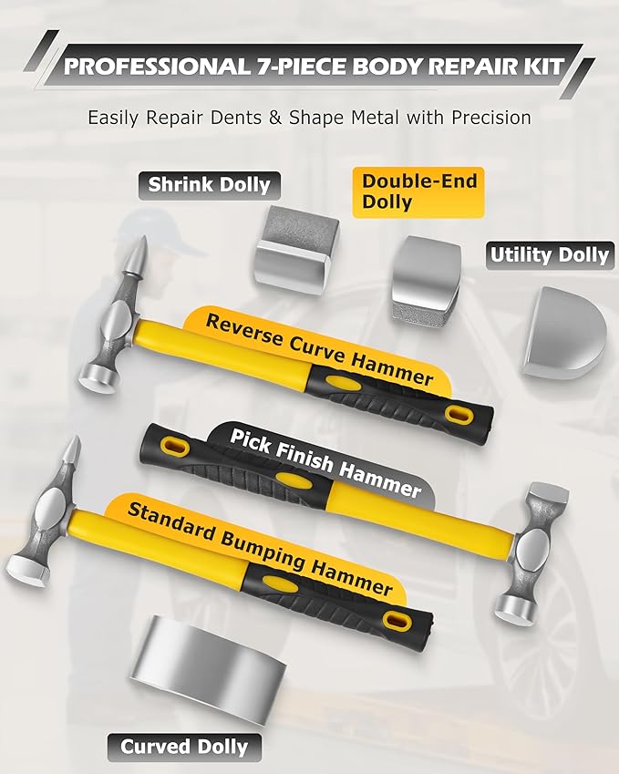 DAYUAN 7Pcs Auto Body Repair Kit, Craft Panel Beating Hammer and Dolly Set Hammer Dent Body Fender Tool
