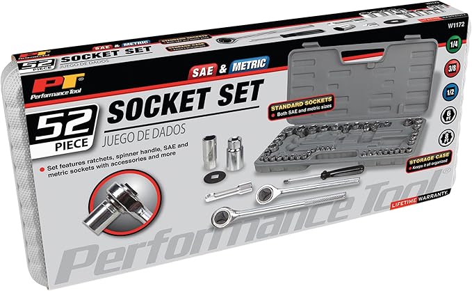 Performance Tool W1172 SAE/Metric 52-Piece Socket Set (1/4-Inch, 3/8-Inch & 1/2-Inch Drive)
