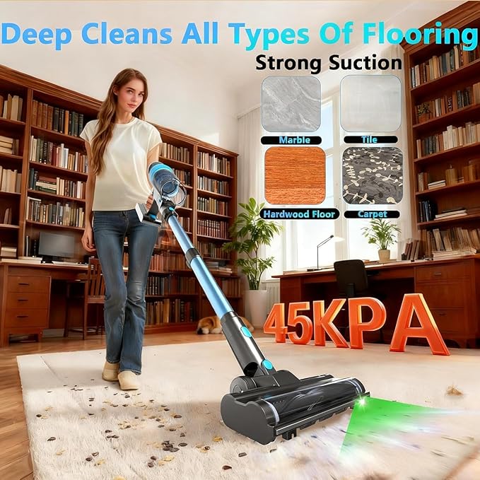 Cordless Stick Vacuum Cleaner: 45kPa Powerful Suction & 60Min Runtime, Self-Standing with Green Light & Anti-Tangle Brush, Rechargeable Lightweight Vacuum for Home Pet Hair on Carpets and Hard Floors