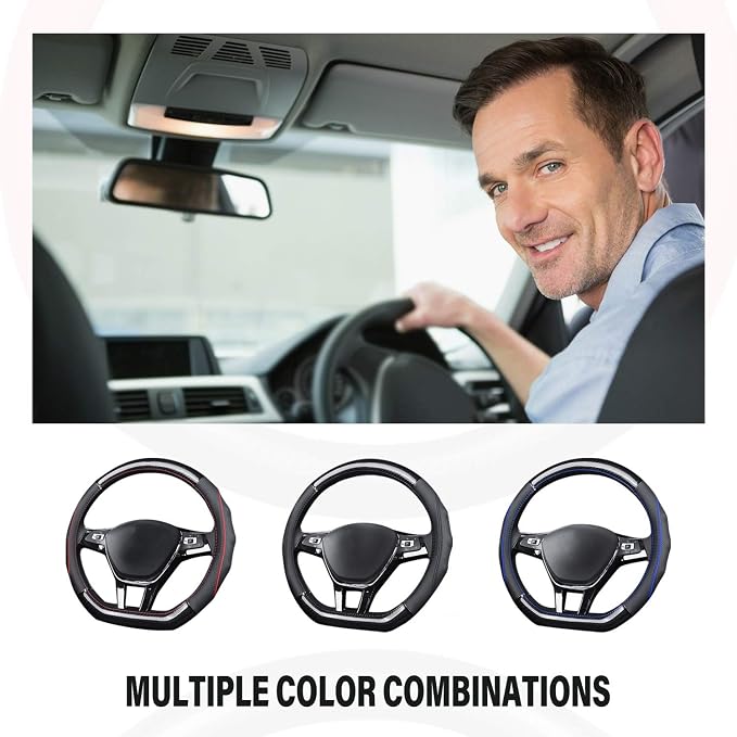 Ergocar Car Steering Wheel Cover Non-Slip Car Steering Wheel Protector Sport D-Shape Carbon Fiber & First Layer Cowhide Universal for Diameter 38cm(15") (D-Black-red)