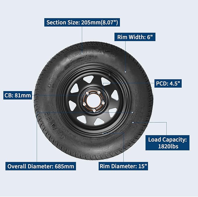 2-Pack Trailer Tire On Rim ST205/75D15 Trailer Tires and Wheels 5 Lug on 4.5 in PCD Trailer Tires with 15 in Rims Load Range C 6PR Black