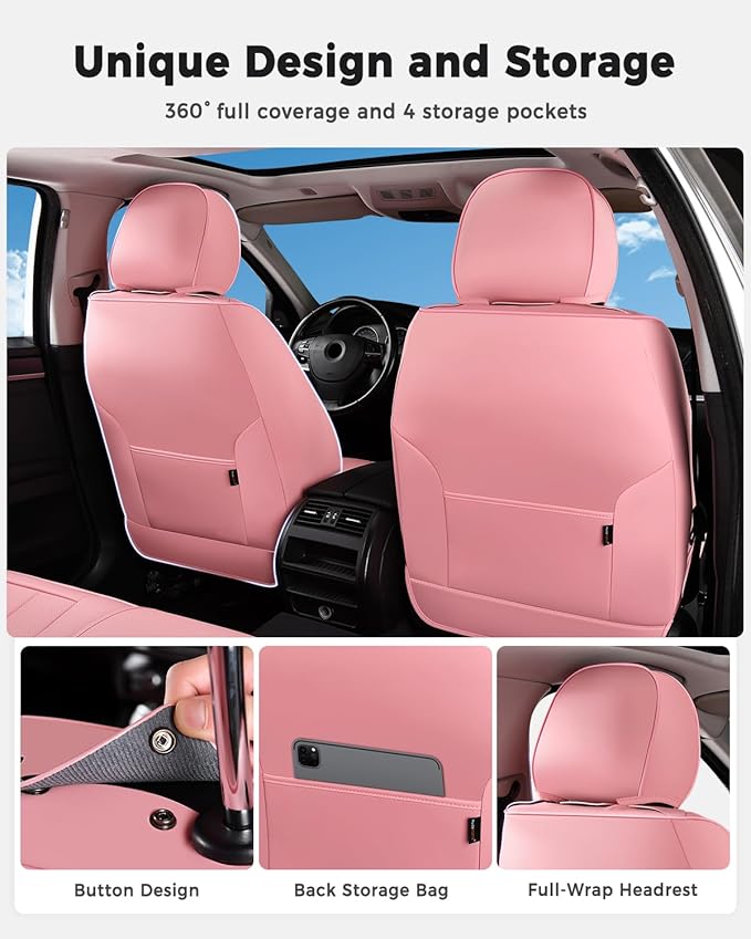 Huidasource Leather Car Seat Covers Full Set, Full Coverage Universal Fit for Most Cars SUVs Trucks, Easy Install with Velcro, Airbag Compatible, Retains Seat Functions & Cupholders, Pink