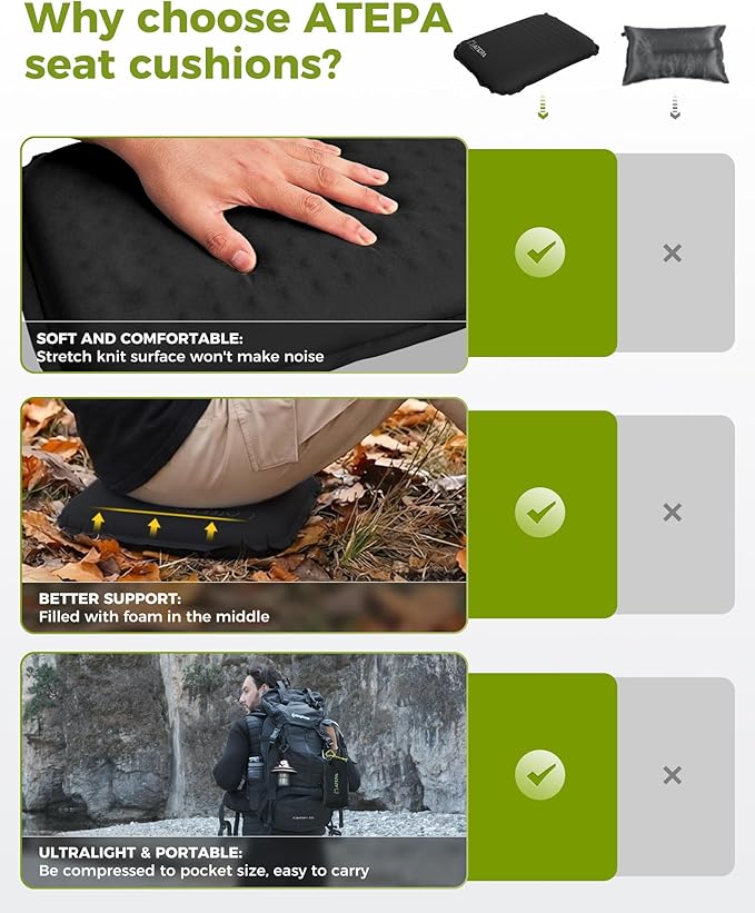 ATEPA Inflatable Seat Cushion, Compact Self-Inflating Seat Cushion for Stadium Airplane Air Travel Bleacher Camping, Blow Up Foam Seat Pad for Outdoor Sports Events Backpacking Hiking Sitting