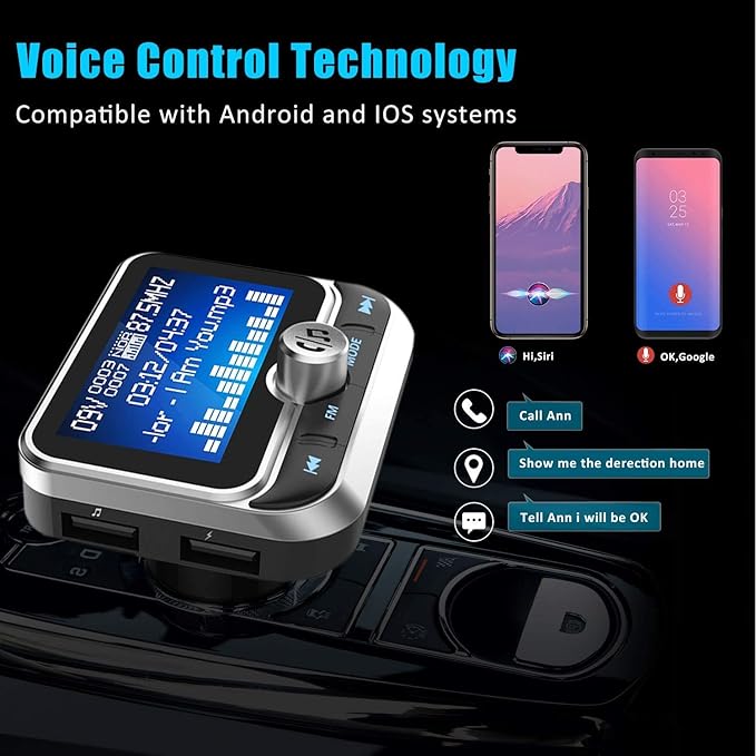 Bluetooth FM Transmitter for Car, Wireless Bluetooth 5.0 Radio Adapter Car Kit with Handsfree Calling 2 USB Ports Voltage Detection Support TF Card U-Disk