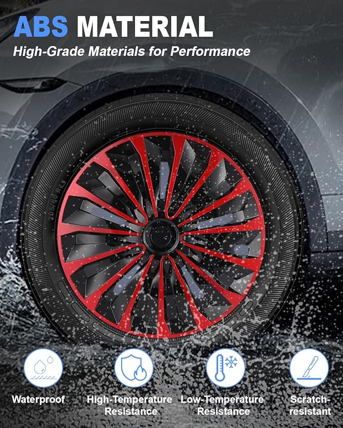 ABX Hubcap Wheel Covers Hub Caps 15 Inch Set of 4 Black & Red Universal Wheel Rim Cover R15 Stylish Car Decor Wheel Covers for Toyota Camry Nissan Mazda (TT Black & Red, 15 inch)