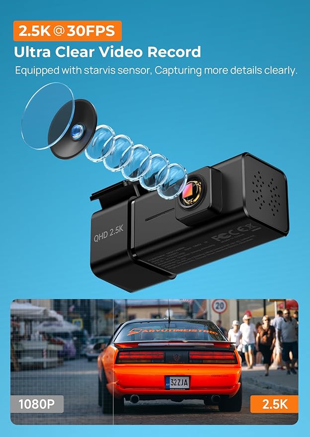 Dash Cam 2.5K Front Dash Camera for Cars with App, WiFi Mini Dashcam Built-in IPS Screen, Night Vision, G-Sensor, Smart Voice, Loop Recording, 24H Parking Mode, 32G SD Card Included, Support 256GB Max