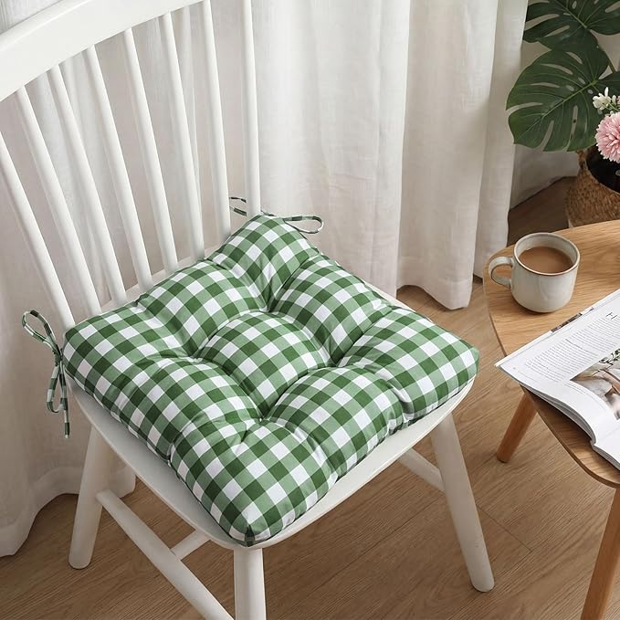 Geetery 4 Pack Chair Cushions for Dining Chairs, 16" x 15" Green and White Kitchen Chair Cushions with Ties Buffalo Plaid Soft Comfy Seat Pads for Home Office Living Room Outdoor Indoor