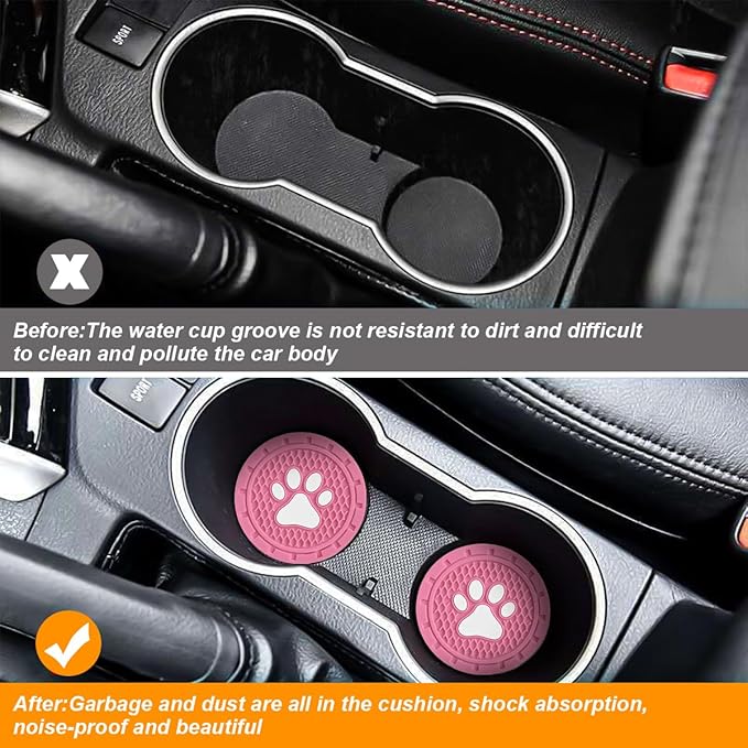 Osilly Car Cup Holder Coaster, 4 Pack PVC Paw Print Anti Slip Insert Coasters, 2.75 Inch Universal Cute Dog Paw Auto Drink Mat, Car Interior Accessories Decor for SUV, Truck, RV and More (Pink)