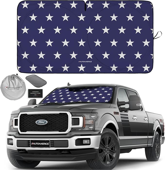 Autoamerics Truck Windshield Sun Shade with Storage Pouch & Anti-Slip Dash Pad - Foldable USA Stars Flag Design - Fits Most SUVs & Trucks - Blocks UV Rays and Keeps Car Cool | X-Large (66 x 36 inches)
