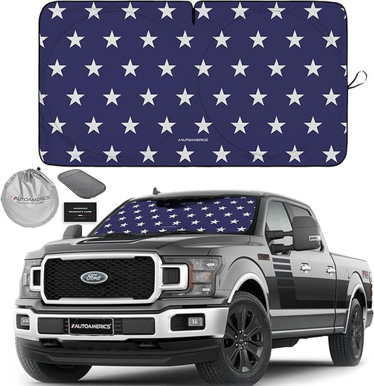 Autoamerics Truck Windshield Sun Shade with Storage Pouch & Anti-Slip Dash Pad - Foldable USA Stars Flag Design - Fits Most SUVs & Trucks - Blocks UV Rays and Keeps Car Cool | X-Large (66 x 36 inches)