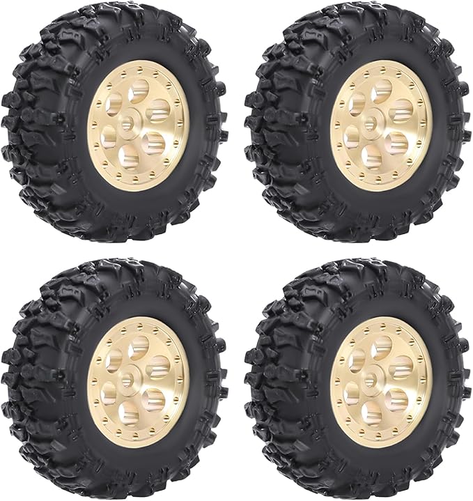 4pcs SCX30 Brass Offset 0.7'' Wheels Set with Rubber Tires Sponge Insert for AXIAL SCX30 Ford Bronco JEEP WRANGLER JLU RC Crawler Upgrade Part ﻿ (Golden 6-hole set)