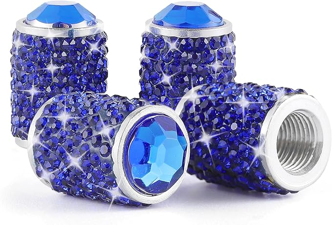 Alpmosn Car Wheel Tire Valve Caps, 4 PCS Bling Tire Valve Caps, Crystal Tire Caps Shinny Rhinestone for Women, Universal Car Dustproof Tire Valve Caps for Cars, Trucks, SUV and Motorcycles (Blue)