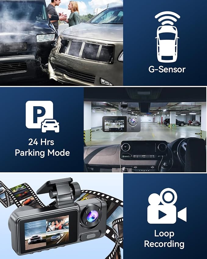 3 Channel Dash Cam Front and Rear Inside, Bulit a 32GB Card, Dash Camera for Cars,4K Full HD 2.0'' IPS Screen Dashcam with G-Sensor, IR Night Vision, WDR, Loop Recording, 24H Parking Mode