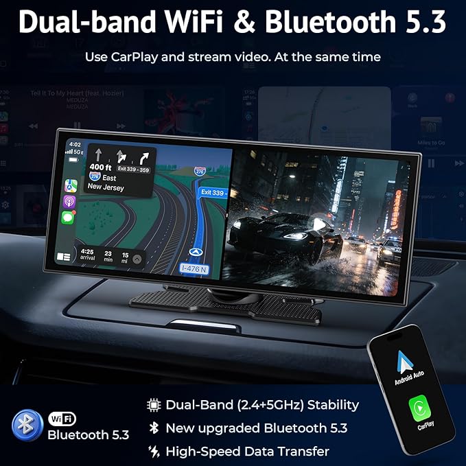 Wireless CarPlay Screen with Net-Flix YouTube, 1080P HD Touchable 10.26-inch Screen and AHD Backup Camera, Compatible with Apple CarPlay & Android Auto, Bluetooth, TF, FM, Siri