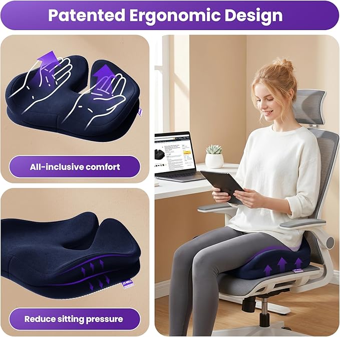 ZZ-WELL Seat Cushions for Office Chairs - Ergonomic Tailbone Pain Pressure Relief Seat Cushion - Extra Large & Thick Design Memory Foam Office Chair Cushion, 21.2" W X 16.5" L (Blue)