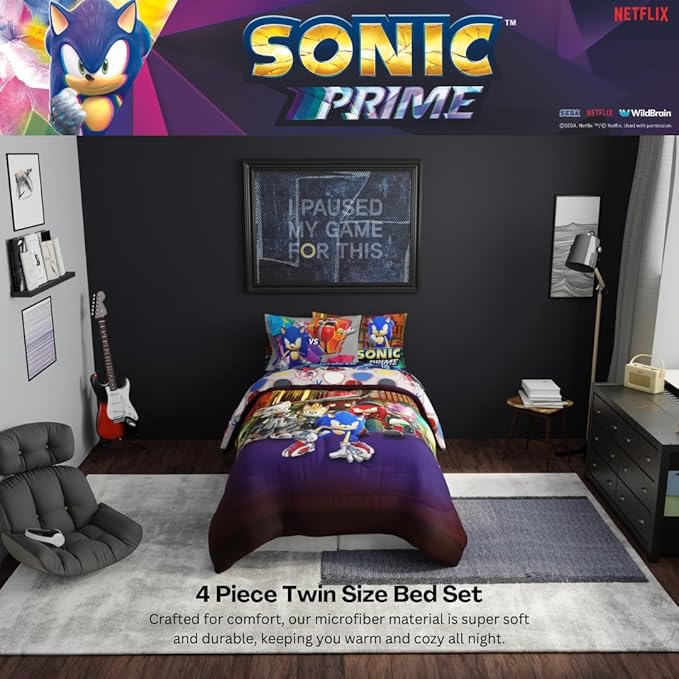 Sonic The Hedgehog Prime Anime Kids Bedding Super Soft Comforter and Sheet Set, 4 Piece Twin Size, (Officially Licensed Product) by Franco