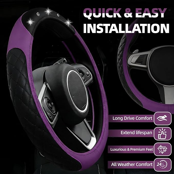 NBTEPEM 6 PCS Bling Car Accessories Set, Leather Steering Wheel Covers Universal 14.5-15 inch, Center Console Cover, Seat Belt Cushion, Cup Holder Coaster (Purple)