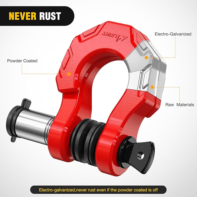 Nilight 2 Pack 3/4" D-Ring Separate Shackle with 7/8" Lock Pin 45,000 lbs Break Strength, Off Road Recovery Shackle with Isolators Washers for Use with Tow Strap, Winch, Truck Vehicle (Red)