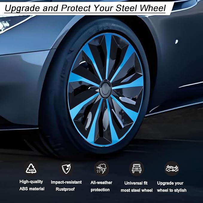 Hubcap Wheel Cover Replacement R15 Hub Caps Universal-Fit Steel Wheel Rim Cover ABS Material Exterior Accessories for Car Truck SUV Van -Set of 4（15-inch，Blue-Black）