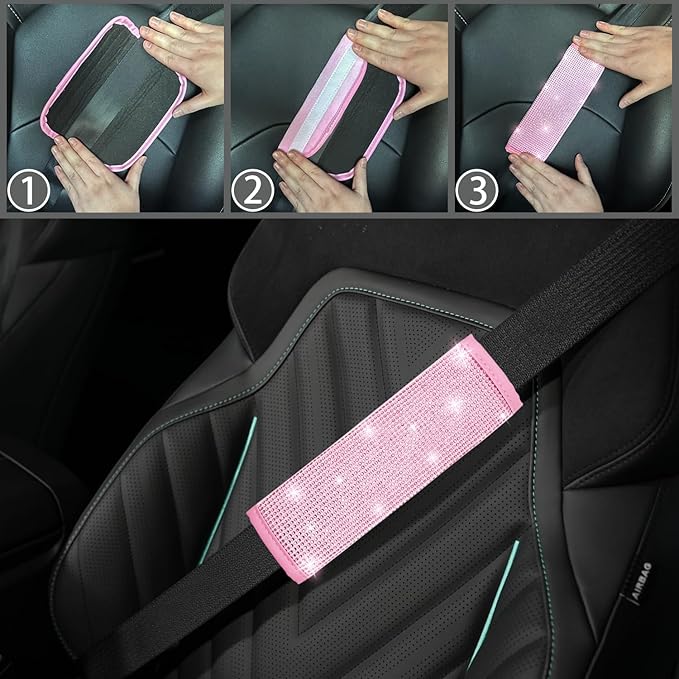 NBTEPEM 8 pcs Pink Bling Car Accessories Set for Women, Steering Wheel Cover, Sparkly Seat Belt Covers, Bling Gear Shift Cover, Universal Fit Most Cars (All Pink Diamond)