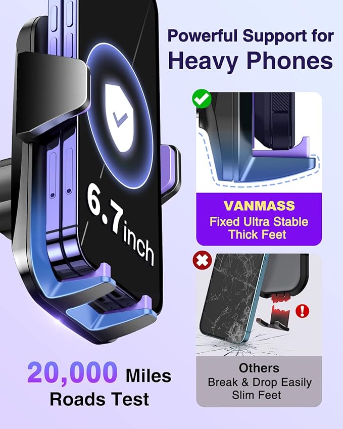 VANMASS【85+LBS Strongest Suction & Military-Grade Ultimate Car Phone Mount【Patent & Safety Certs】 Cell Holder Truck for Dash Windshield Vent for iPhone 17 Pro Max Automobile Accessory Kits,Purple