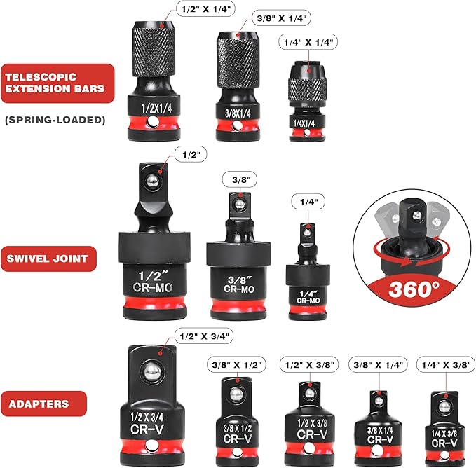 11-Piece Impact Socket Adapter Set-Impact Rated Drill Socket Adapters&Extensions,1/4" 3/8" 1/2" Drive,CR-V&CR-MO Steel,Ball Detent for Secure Fit,Essential Tool Kit for Car/Home Repair
