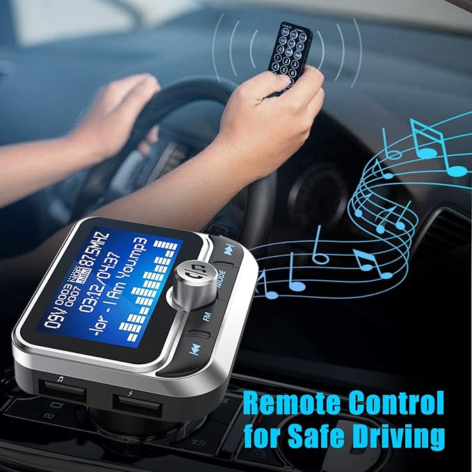 Bluetooth FM Transmitter for Car, Wireless Radio Adapter Hands-Free Kit With 1.8 Inch Display, Dual USB Charger, AUX Input/Output, TF Card Mp3 Player, Silver