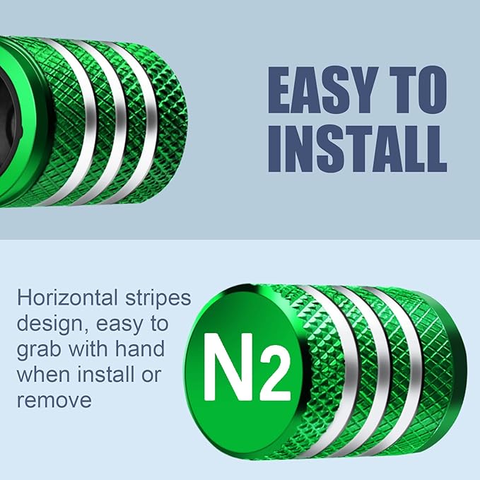 Tire Valve Stem Caps Cover - (5 Pack) Tire Air Cap N2 Nitrogen Metal with Plastic Liner Corrosion Resistant Leak-Proof for Car Truck Motorcycle Bike Green