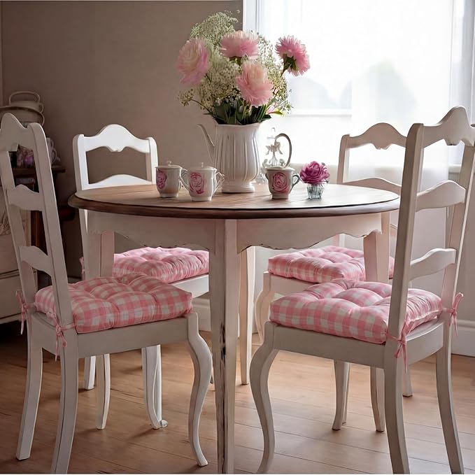 Geetery 4 Pack Valentine's Day Chair Cushions for Dining Chairs, 16" x 15" Pink and White Kitchen Chair Cushions with Ties Buffalo Plaid Soft Comfy Seat Pads for Home Office Living Room Outdoor Indoor
