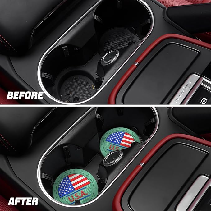 AUCELI 2 Pack Car Cup Holder Coasters, Colored American Flag US Flag Insert Car Cup Coaster, 2.75 Inch Anti Slip Shockproof Embedded Drink Mat, Vehicle Interior Decor Accessories