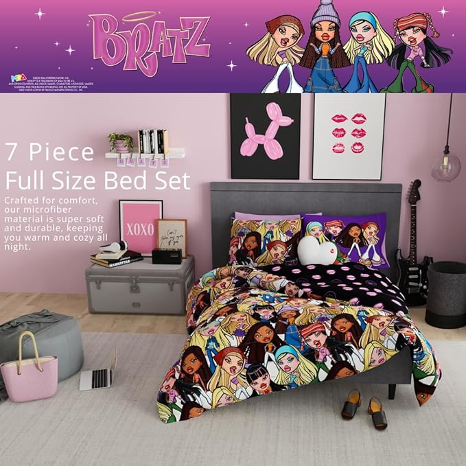 Bratz Fashion Bedding 7 Piece Super Soft Reversible Comforter and Sheet Set with Sham, Full, (100% Official Licensed Product) by Franco