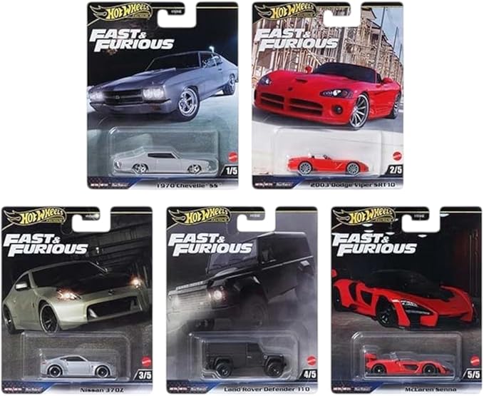 Hot Wheels Fast & Furious Premium Die-Cast Cars Bundle, 5-Pack Set, 1970 Chevelle SS, Dodge Viper, Nissan 370Z, Land Rover Defender, McLaren Senna HNW46-956J