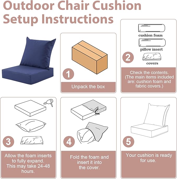 Outdoor Deep Seat Cushion Set, 24x24 Inch Water-Resistant & Fade-Resistant Outdoor Chair Cushions, Patio Furniture Cushions with Removable Cover for Patio Chair, Sofa,Navy Blue (Set of 4)