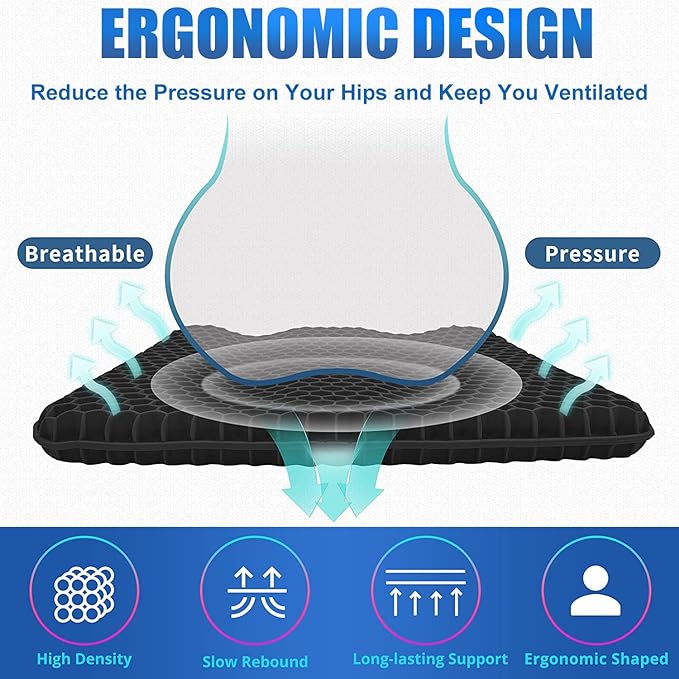Gel Wheelchair Seat Cushion for Long Sitting, Extra Large & Thick Seat Cushion with Non-Slip Cover - Coccyx, Sciatica & Back Pain Relief - Wheelchair Cushions - Office Chair Car Seat Cushion