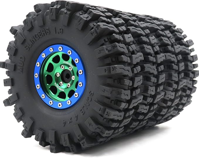 HOBBYSOUL Soft Sticky 1.9 Mud Slingers Tires T8 Tyre 120mm/4.72inch & 1.9 Beadlock Wheels Green Blue Color For 1/10 Rock Crawler Traxxas TRX4 Axial SCX10 Redcat Gen8, (4-Pack)