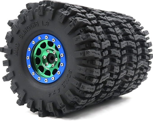 HOBBYSOUL Soft Sticky 1.9 Mud Slingers Tires T8 Tyre 120mm/4.72inch & 1.9 Beadlock Wheels Green Blue Color For 1/10 Rock Crawler Traxxas TRX4 Axial SCX10 Redcat Gen8, (4-Pack)
