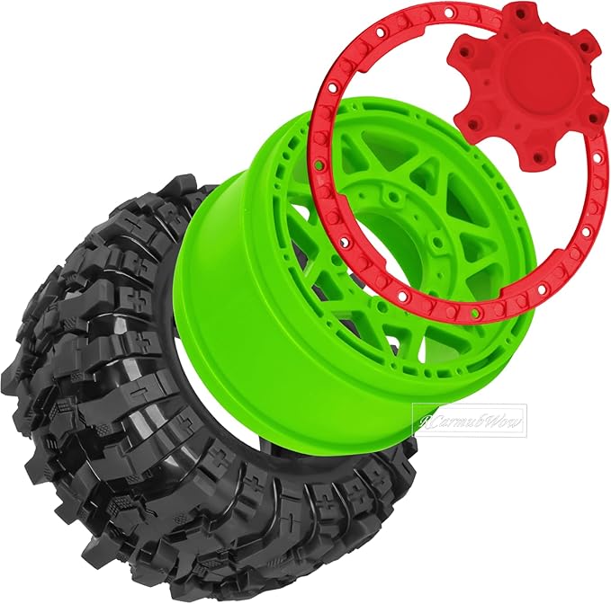 1/10 Scale RC Truck Tires,Wheels and Tires w/12/14/17MM Hex for Rustler Stampede Hoss,Arrm a Granite Vorteks Big Rock 3S,1/10 Off Road Tires Rubber Truck Tyres w/Foam Insert,Green w/Red