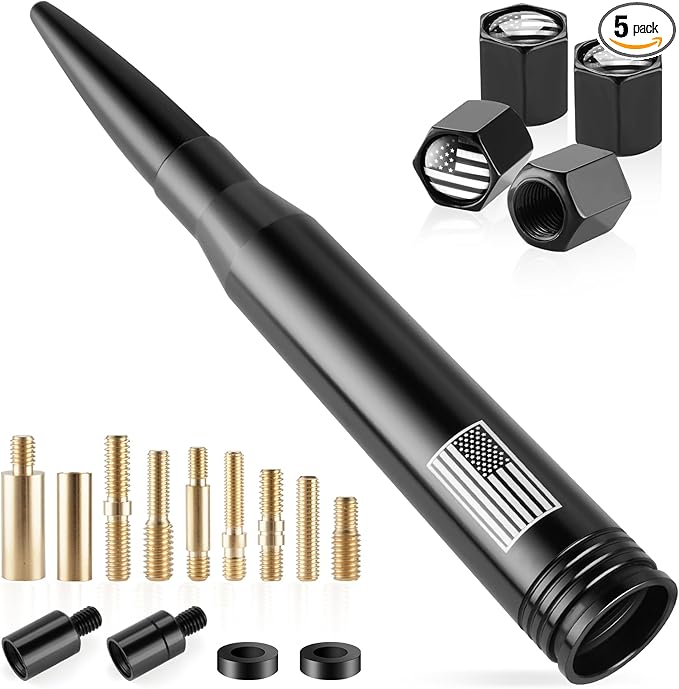 BJSIA American Flag Car Truck Antenna with Valve Stem Caps - Universal Compatible with Ford, Dodge, Chevrolet, GMC, Jeep, Toyota Truck Car Accessories, Heavy Duty Pickup Trucks Accessories - Black