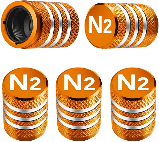 Tire Valve Stem Caps Cover - (5 Pack) Tire Air Cap N2 Nitrogen Metal with Plastic Liner Corrosion Resistant Leak-Proof for Car Truck Motorcycle Bike Orange