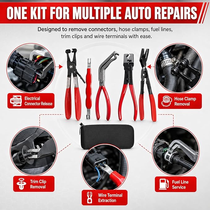 Automotive Electrical Disconnect Pliers Kit 5pc Fuel Line Tool Set Hose Clamp 60° Angled Connector Separator Trim Clip Removal Tools Plug Release & Wire Terminal Remover for Auto Repair