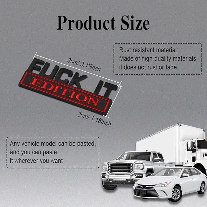 Fuck IT Edition Emblem, Car Exterior Emblems Badge 3D Sticker Decal, Fuck-IT Edition Emblem 3D Fender Badge Decal, 3D Fender Badge Decal Car Truck Replacement, Fit for All Cars (Black Red 1)