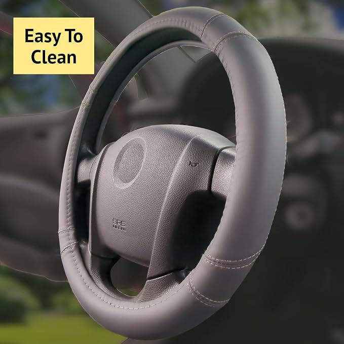 Steering Wheel Cover, Gray, Real Genuine Leather, 16 inch, for Men and Women, Universal, Stretch On, Heat Resistant, Stays Cool, Non-Slip, HANWOLF